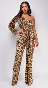 Zorina Brown One Sleeve Leopard Print Jumpsuit